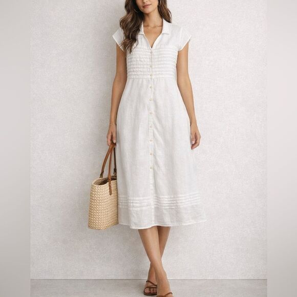 Jones New York Dresses & Skirts - Jones New York Linen White Button Front Dress Pintuck Detail Size 14